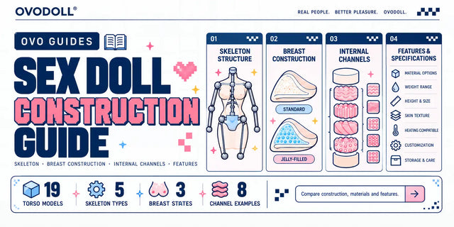 OVODOLL Sex Doll Construction Guide infographic covering skeleton structure, breast construction, internal channels and product specifications
